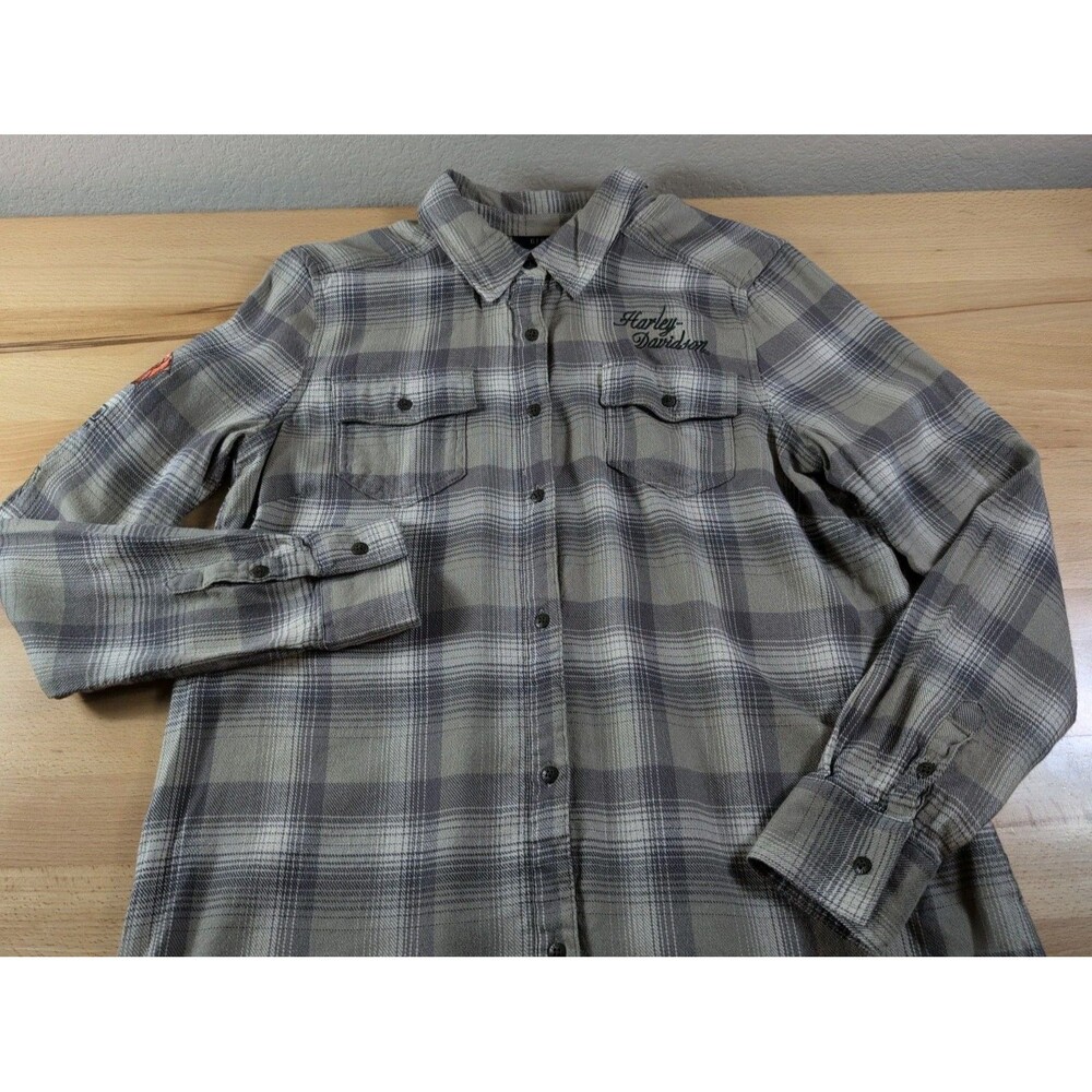 Harley-Davidson Women’s Mediun Olive Gray Plaid Flannel Shirt Embroidered Roses